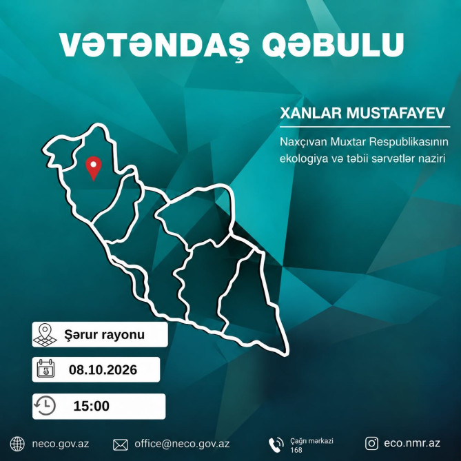 Naxçıvan Muxtar Respublikasının ekologiya və təbii sərvətlər naziri Xanlar Mustafayev 08 oktyabr 2026-cı il tarixdə, saat 15:00-da Şərur rayonunda vətəndaşları qəbul edəcək.